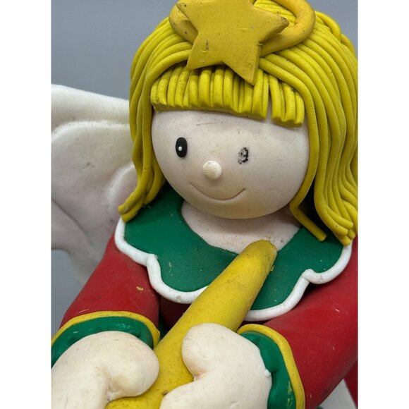 Handcrafted Christmas Clay Angel Figurine With Trumpet - Red/Green Holiday READ - Picture 2 of 9